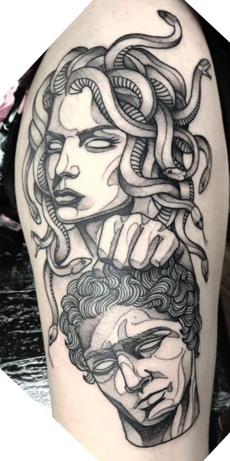 170+ Medusa Tattoos Designs With Meanings (2023) - TattoosBoyGirl Medusa Tattoos, Poseidon Tattoo, Medusa Tattoo Design, Statue Tattoo, Greek Mythology Tattoos, Type Tattoo, Tattoo Magazine, Goddess Tattoo, Mythology Tattoos