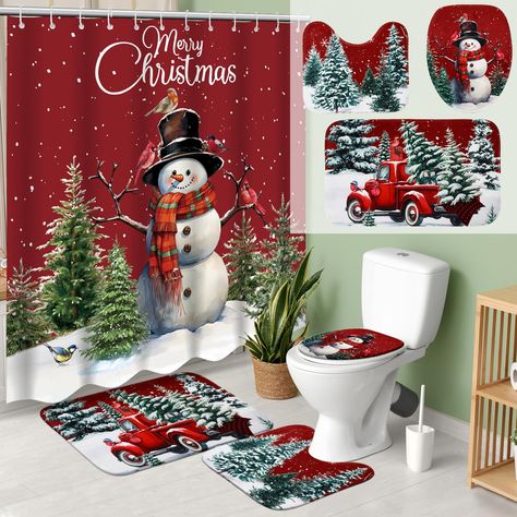 PRICES MAY VARY. Polyester Christmas Shower Curtain Set: there is a Christmas shower curtain and carpet set, including a Christmas shower curtain with 12 hooks, 1 bath mat, 1 U shaped carpet, 1 toilet seat cover, to meet your needs Suitable Size: shower curtain size is 71 x 72 Inches/ 180 x 183 cm, carpet size is 29.5 x 17.7 inches/ 75 x 45 cm; The size of the toilet seat cover: 17.7 x 13.8 inches/ 45 x 35 cm, the size of the U shaped carpet: 17.7 x 14.8 inches/ 45 x 37 cm, the ideal size to fit Red And White Christmas Decor Apartment, Bathroom Decor For Christmas, Xmas Bathroom Decor, Christmas Cabin Decor, Bathroom Decor Toilet, Snowman Shower Curtain, Winter Shower, Bathroom Ambiance, Christmas Bathroom Decor