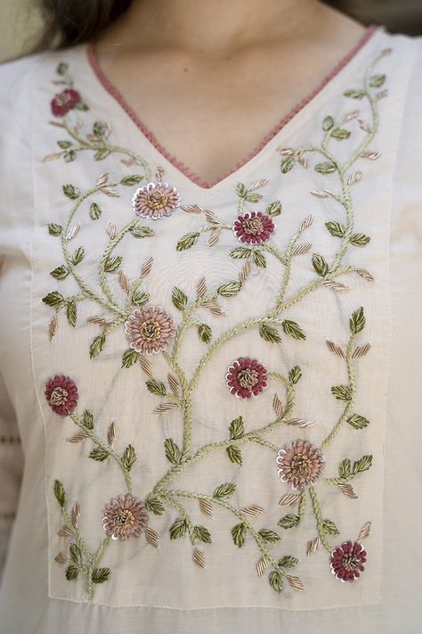 Ivory Floral Garden thread and Zardozi Embroidery Kurta Hand Embroidery Zardozi Designs, Thread Embroidery Designs For Kurtis, Floral Embroidery Patterns On Kurtis, Embroidery Patterns For Kurtas, Kurta Neck Hand Embroidery Designs, Thread Work Dress Designs, Yoke Hand Embroidery Design, Embroidery On Kurtis Hand, Churidar Neck Embroidery Designs