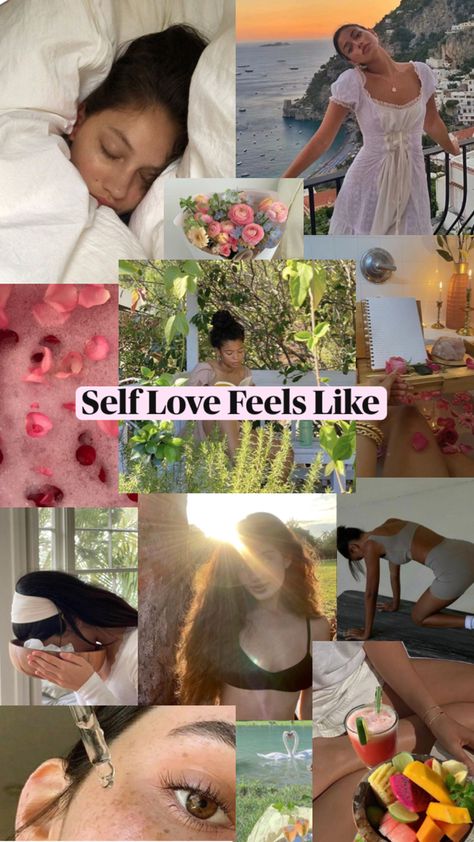 A collage of images with the text “self love feels like” Im That Girl Wallpaper, Self Love Lifestyle Aesthetic, Self Love Moodboard, Wallpaper Iphone Self Love, Self-love Aesthetic Pics, In Love With Myself Aesthetic, Aesthetic Self Love Wallpaper, Self Love Board, Self Love Collage