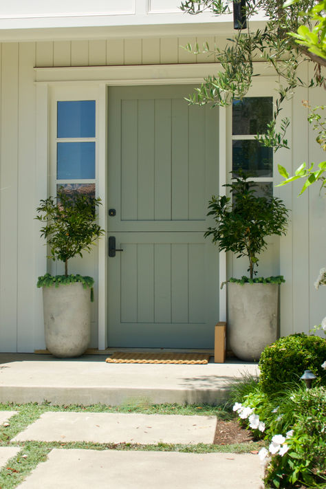 Sage Front Door, Sage Green Front Door, Green Front Door, Lumber Yard, Green Front Doors, Flip House, Grey Houses, Matte Black Hardware, Front Patio