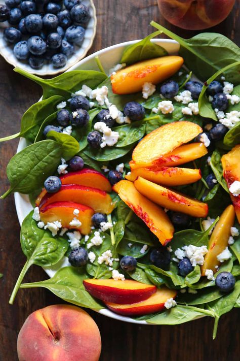 Summer Peach Spinach Salad with Blueberries, Feta Cheese - in a white bowl. Salad With Blueberries, Salad With Spinach, Glazed Peaches, Blueberry Salad, Homemade Honey Mustard, Lunch Options, Creamy Feta, Summer Salads With Fruit, Summer Foods