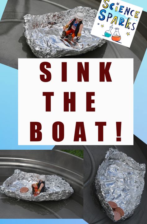 Sink the boat STEM Challenge - how many coins can a foil boat hold before it sinks #STEMChallenge #PirateSTEM Boat Stem Challenge, Ocean Science Experiments, Transportation Science, Early Years Science, Foil Boat, Science Experiments Kids Preschool, Pre-k Science, Stem Activities Preschool, Boat Crafts