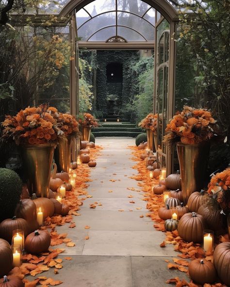 A wow wedding aisle inspiration with fall colors and leaves and pumpkins for a magical, seasonal effect🍁 AI designs created by… | Instagram Fall Wedding Halloween, Wedding Aisle Pumpkins, October Wedding Venues, Enchanted Fall Wedding, Witchy Fall Wedding Ideas, Fall Wedding Locations, Fall Wedding Ideas Pumpkins, October Themed Wedding, Autumn Aesthetic Wedding