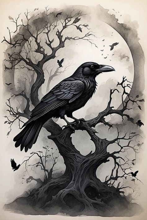 Tattoo Designs Drawings - Tattoo Designs Realistic - Tattoo Designs Man - Tattoo Designs Women - Tattoo Designs Dark  #TattooDesigns #TattooDrawings Tree And Crow Tattoo, Raven And Tree Tattoo, Crow Tatoos Men, Crow On Books Tattoo, Realistic Raven Tattoo Design, Evil Tree Tattoo, Raven Arm Tattoo Women, Crow Moon Tattoo, Owl In Tree Tattoo