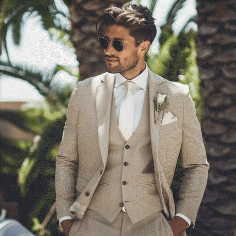 10 Summer Wedding Outfit Ideas for Men Wedding For Men Groom Attire, Summer Wedding Suit Ideas For Men, Men Suit Beach Wedding, Light Wedding Suits Groom, Groom Costume Wedding, Summer Wedding Suits Groom Groomsmen, Wedding Suits Men Summer, Summer Wedding Tux Groom Attire, Wedding Outfit Men Summer