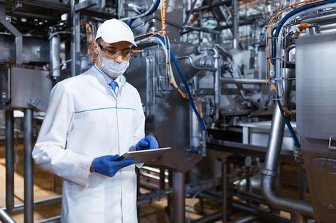 Concentrated technologist taking necessa... | Free Photo #Freepik #freephoto #food-manufacturing #food-production #food-industry #food-factory Factory Photography, Cheese Factory, Food Factory, Food Manufacturing, Food Production, Digital Tablet, Food Industry, Quality Control, Free Photo