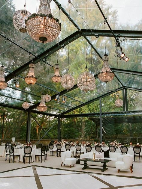 Dreamy hanging chandeliers and black accents tied together to create this tented wedding reception | wedding ideas,wedding inspo,wedding trends,wedding reception,wedding reception decor,wedding reception ideas,wedding table decor,wedding tablescape,wedding table centerpiece,wedding flowers,wedding flower arrangements,romantic wedding,romantic wedding decor,dream wedding,elegant wedding decor,luxury wedding,tented wedding,tented wedding reception,wedding 2023,wedding #wedding #weddingdecoration Garden Wedding Reception Outdoor, Chandelier Wedding Decor, Wedding Reception Outdoor, Greenhouse Venue, Tented Wedding Reception, Outdoor Tent Wedding, Tent Wedding Reception, Elegant Wedding Decor, Rustic Garden Wedding