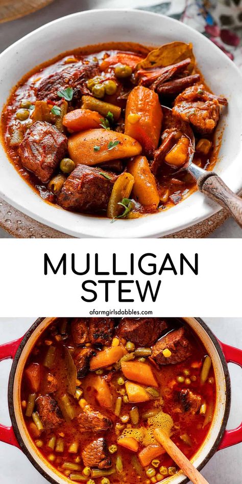 This hearty, flavorful Mulligan Stew recipe is packed with tender chunks of beef and vegetables, in a thickened beef and tomato broth. It's a cozy one-pot meal that's easy to adapt with your favorite veggies or whatever you have on hand! Mulligan Stew, Beef Soups, Easy Stew Recipes, Tempting Food, Easy Recipes For Dinner, Stew Crockpot, Appetizing Food, Best Cornbread Recipe, Dinner Recipes With Ground Beef