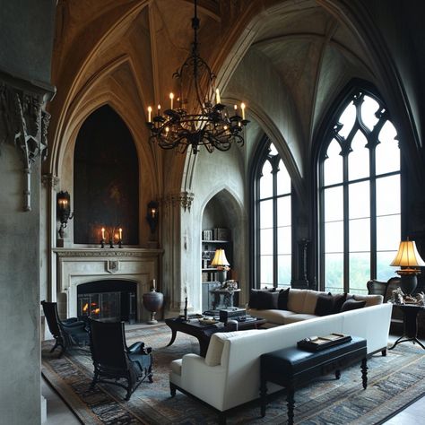 White Gothic Living Room, Gothic House Modern, Modern Gothic Living Room, Witchy Houses, Gothic Modern House, Modern Gothic Home, Gothic Formal, Gothic Living Room, Luxurious Living Rooms