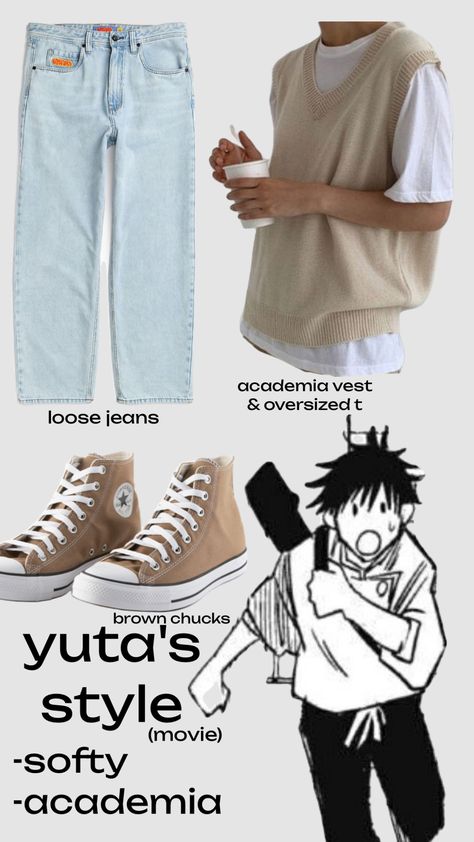 yuta s1 jjk #outfitinspo Anime Style Outfit Men, Jujutsu Kaisen Outfit Ideas, Jujutsu Kaisen Inspired Outfits, Anime Inspired Outfits Men, Anime Outfits Men, Outfits Inspired By Anime Characters, Anime Character Outfits, Jujutsu Kaisen Outfits, Jjk Outfit