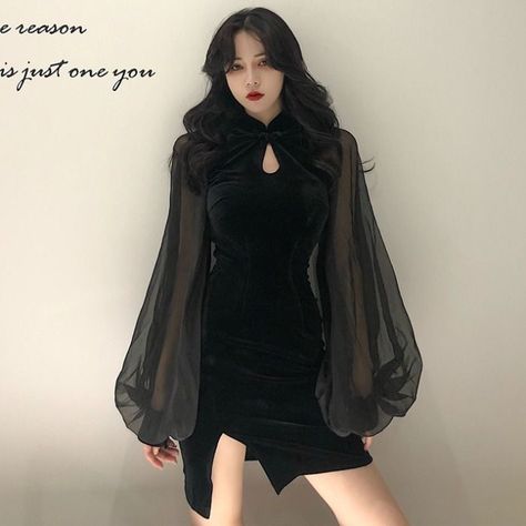 Collar Mini Dress, Mandarin Collar Dress, Long Sleeve Fitted Dress, Long Sleeves Dress, Dress Velvet, Qipao Dress, Lantern Sleeve Dress, Grunge Look, Cheongsam Dress