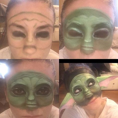 Baby Yoda Face Paint, Mandalorian Makeup, Baby Yoda Makeup, Yoda Costume Diy, Yoda Makeup, Baby Yoda Costume, Star Wars Makeup, Yoda Costume, Camp Dress