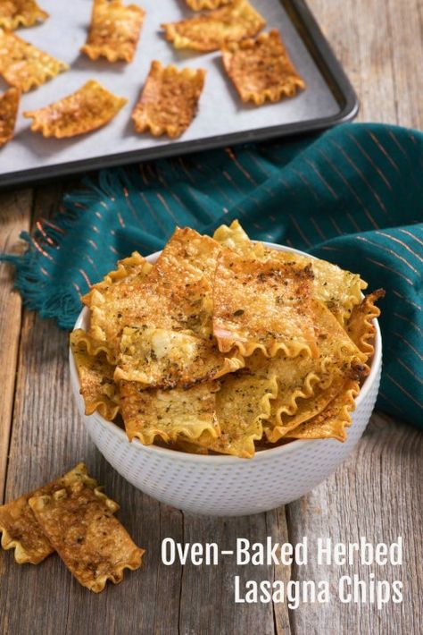 Oven-Baked Herbed Lasagna Chips: Lasagna noodles are transformed into tasty, herby, cheesy chips for snacking in this easy recipe. #shockinglydelicious #pastachips #superbowl #snack #snackattack #footballfood #gameday #recipe Lasagna Chips, Tv Snacks, Savory Cookies, Cinnamon Apple Chips, Pasta Chips, Sour Cream Dip, Baked Lasagna, Serving Ideas, Lasagna Roll