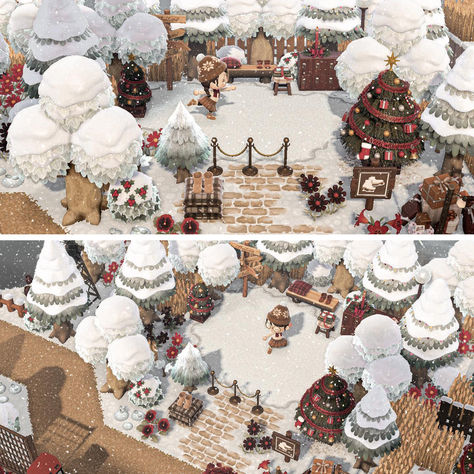 Peep this winter and Christmas-themed island idea with the cottagecore aesthetic. Perfect for any ACNH island! And if you want more cottagecore ideas then check out our list with more designs Acnh Winter Inspiration, Animal Crossing Island Inspiration Winter, Christmas Ideas Acnh, Acnh Winter Market, Acnh Island Designs Winter, Acnh Xmas Designs, Christmas Acnh Island, Acnh Gift Wrapping Station, Acnh Holiday Design