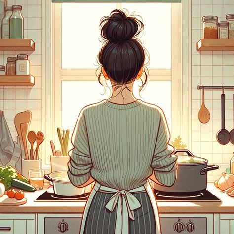 Mom Cooking Illustration, Girl Cooking Illustration, Cooking Aesthetic Background, Chef Illustration Drawing, Cooking Illustration Drawing, Cooking Chef Aesthetic, Woman Cooking Aesthetic, Cooking Aesthetic Wallpaper, Aura Book