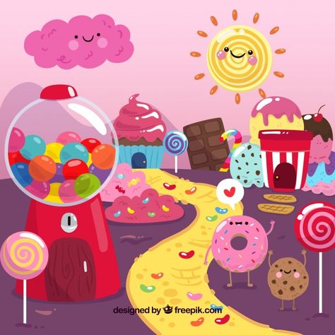 Colorful candy land background | Free Vector #Freepik #freevector #freebackground #freefood #freechocolate #freecandy Candy Land Background, Ice Cream Cone Drawing, Land Background, Candy Drawing, Background Food, Drawing Lessons For Kids, Candy House, Colorful Frames, Candy Art