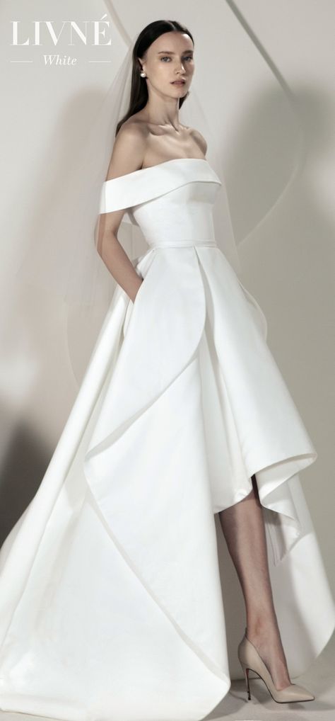 Alon Livene White Wedding Dresses Spring 2020 - Reverie Collection | Short and long ball gown wedding dress with off the shoulder neckline with cap sleeve #weddingdress #weddingdresses #bridalgown #bridal #bridalgowns #weddinggown #bridetobe #weddings #bride #dreamdress #bridalcollection #bridaldress #dress See more gorgeous wedding dresses by clicking on the photo A Line Simple Wedding Dress, Wedding Dress High Low, Alon Livne, Wedding Dresses Whimsical, Wedding Dresses High Low, Popular Wedding Dresses, Western Wedding Dresses, Simple Wedding Dress, Dresses Spring