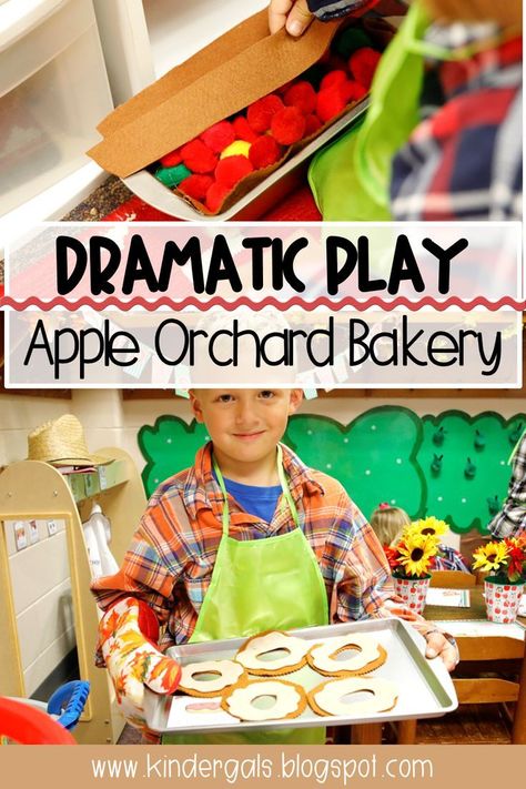 Set up this Apple Orchard in your dramatic play/house area for the kids in your class.  You will find ideas and printables for easy set up of this center that builds both literacy and math kindergarten and preschool standards. This fall themed DIY activity is perfect for kids. #fall #appleorchard #dramaticplay Apple Orchard Room Transformation, Apple Theme Block Center, Dramatic Play House, Apple Dramatic Play, Preschool Standards, Apple Orchard Dramatic Play, Bakery Dramatic Play, Preschool September, Centers Preschool