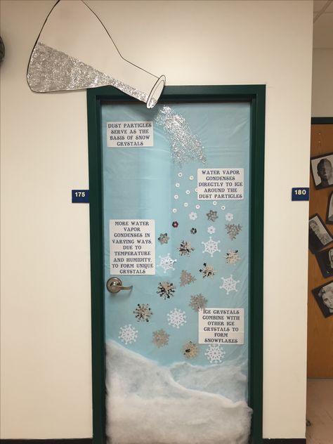 Door decoration for winter wonderland contest. Science of snowflakes. DIY Science Door Decorations, Classroom Ceiling, Science Bulletin Boards, Classroom Decor Ideas, Middle School Science Classroom, Science Room, Christmas Classroom Door, Science Classroom Decorations, مشروعات العلوم