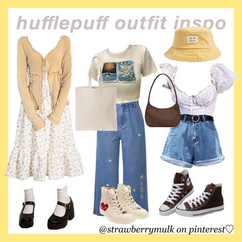 Hufflepuff Clothes Aesthetic, Cute Hufflepuff Outfits, Hufflepuff Outfit Summer, Hufflepuff Cottagecore, Harry Potter Inspired Outfits Hufflepuff, Hufflepuff Outfit Aesthetic, Hufflepuff Wardrobe, Honeycore Outfits, Hufflepuff Outfit Ideas