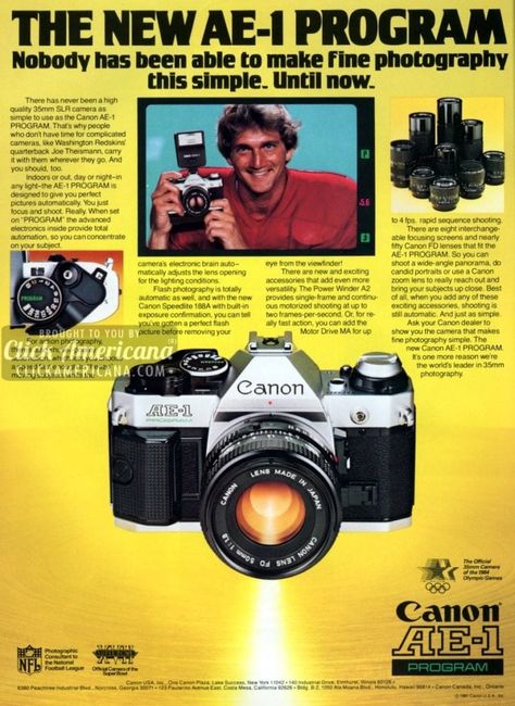 The new Canon AE-1 Program SLR camera (1982) Canon Camera Photography, Canon Ae 1 Program, Autofocus Camera, Fotocamere Vintage, Gopro Photography, Canon Ae 1, Classic Camera, 35mm Camera, Photo Equipment