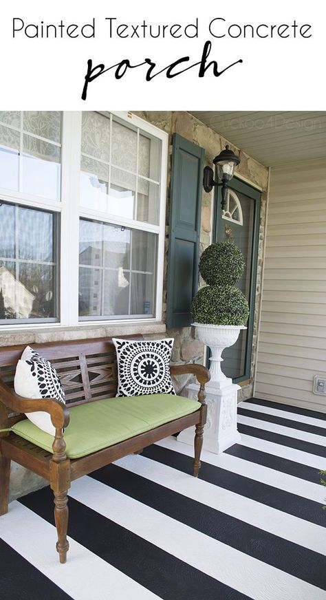 Painting Crisp Black And White Stripes on Textured Front Porch - learn the trick behind getting crisp lines every time no matter what tape you use - Cuckoo4Design Painted Porch Floors, Concrete Front Porch, Paint Concrete Patio, Front Porch Makeover, Porch Paint, Concrete Patios, Painted Front Porches, Building A Porch, Porch Makeover