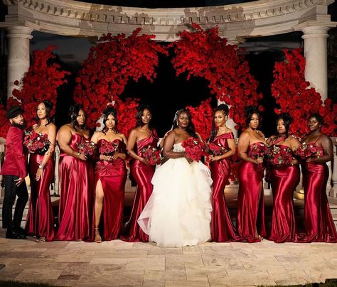 It’s giving sophisticated romance ♥️♥️♥️🌹🌹🌹 Thank you @_ebonytoyou for choosing our #PantoraMaids line to bring your wedding theme to life! Shop PantoraMaids.com #pantoramaidslay #brides #bridesmaids #pantorabridal #pantorabrides #curvybrides #weddingday #brooklynbridal #bridesmaidsdresses #weddingslay #brownbride #weddings #nycbride #njbride #mermaiddress #blackbride #bridalstore #justmarried #nybride #njbride #weddings #curvybride #melanatedbride #bride #Bridesmaids #Weddings #WeddingI... Red And Gold Wedding Bridesmaid Dresses, Red Wedding Theme Bridesmaid Dress, Red Bridal Party, Red Wedding Party, Pantora Bridal, Real Bridesmaids, Red And White Wedding, Plus Size Bridesmaid Dresses, Red And White Weddings