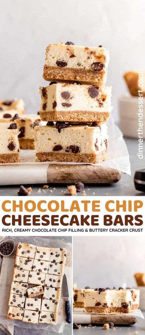 Chocolate Chip Cheesecake Bars are perfectly rich and creamy with delicious chocolate chips and an easy, buttery graham cracker crust. These dessert bars are sure to be a hit with any crowd! Chocolate Chip Cheesecake Bars, Cheesecake Desserts Recipes, Savory Dessert, Cheesecake Lovers, Cheesecake Bar Recipes, Chocolate Chip Cheesecake, Classic Cheesecake, Best Cheesecake, Cracker Crust