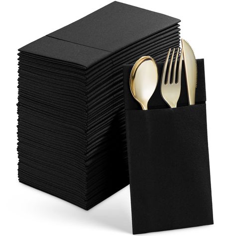 PRICES MAY VARY. HIGH-END DISPOSABLE NAPKINS WITH POCKET FOR SILVERWARE - These pocket napkin are perfect for incorporating an upscale look in your table settings while still offering the convenience of disposable napkins! PRACTICAL & SANITARY - Featuring a divided pocket for utensils, no matter which way you insert the utensils, the cutlery easily fits into the pre-folded pocket to ensure the sanitation of your utensils while also keeping the settings stationary on each table. HIGH QUALITY - Th Napkins For Wedding, Paper Hand Towels, Black White Parties, Black Napkins, Black Dinner, Paper Dinner Napkins, Red Napkins, Blue Napkins, Cloth Napkin