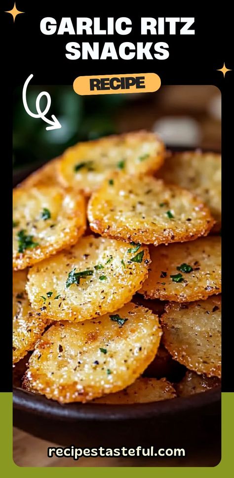 These Garlic Ritz Snacks are a savory, crunchy treat made with buttery Ritz crackers, garlic, and a perfect blend of seasonings. Whether you're preparing for a party or just want a quick snack, these crispy bites are sure to be a hit! #GarlicSnacks #RitzCrackers #SavoryBites #EasySnack #GarlicLovers Snacks With Club Crackers, Ritz Cracker Pizza Snacks, Garlic Bread Ritz Bits 12 Tomatoes, Ritz Cracker Nachos, Things To Make With Ritz Crackers, Ritz Snacks Ideas, Garlic Ritz Snacks, Garlic Ritz Cracker Recipes, 10 Minute Snacks