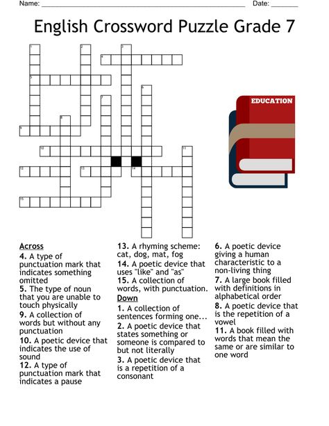 English Crossword Puzzle Grade 7 Poetic Techniques, Vowel Diphthongs, Christmas Crossword, Types Of Nouns, Cross Word, Poetic Devices, Rhyme Scheme, Word Puzzle, Punctuation Marks