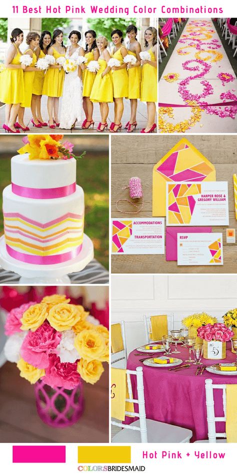 11 Best Hot Pink Wedding Color Combinations Ideas -No.11 Hot Pink and Yellow #colsbm #bridesmaids #weddings #weddingideas #pinkweddings b453 Seminar Decor, Pink And Yellow Wedding Theme, Hot Pink Wedding Theme, Colorful Organization, Hot Pink Wedding Colors, Yellow And Pink Wedding, Shades Of Pink Wedding, Pink And Yellow Wedding, Pink Yellow Weddings