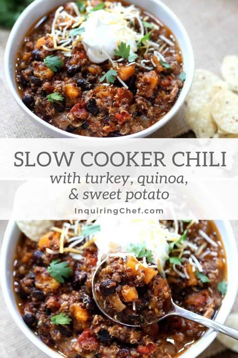 Slow Cooker Turkey, Black Bean and Sweet Potato Chili - With protein-packed ingredients including quinoa, this slow cooker dinner still comes in at only 380 calories per serving ---  It takes 10 minutes to put together, can be made ahead, freezes wonderfully and is gluten-free. Slow cooker recipes save many a weeknight in our house, and this one is being added into the heavy rotation. Slow Cooker Quinoa Chili, Turkey Quinoa Chili, Crock Pot Turkey Chili, Chili With Quinoa, Quinoa And Black Beans, Quinoa Chili Recipe, Crock Pot Turkey, Turkey Quinoa, Turkey Chili Crockpot