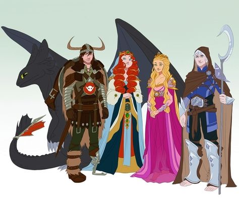 Big Four Hiccup Merida, Disney Au, Big Four, Disney Crossover, Disney Crossovers, Deviant Art, Art Disney, The Big Four, Pinturas Disney