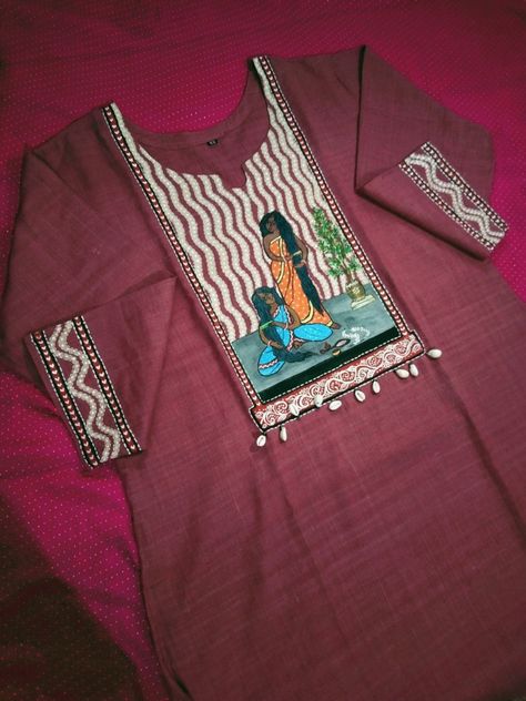 Kurti Painting Ideas, Hand Paint Kurti, Painted Kurti, Aplic Design, Tassels Fashion Clothing, Fabric Colour Painting, Printed Kurti Designs, Silk Kurti Designs, Saree Painting Designs