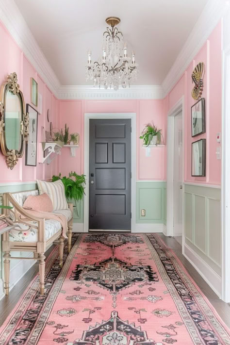 Get inspired with 10 charming modern vintage decor ideas for hallways. Create a cozy and stylish entryway by blending retro elements with contemporary flair. #HallwayDecor #ModernVintage #HomeStyling Colorful Retro Home Decor, Whimsical Hallway Decor, Pastel Hallway Ideas, Hallway Ideas Apartment, Pink Hallways, Pink Corridor, Tiny Entrance Hall Ideas, Maximalist Hallway, Pink Hallway Ideas