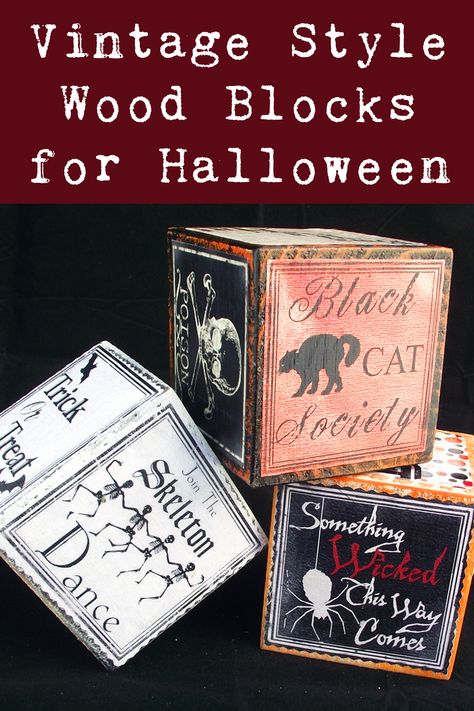 Mod Podge Halloween Crafts, Block Decorations, Vintage Halloween Crafts, Diy Mod Podge, Halloween Blocks, Spooky Ideas, Fun Fonts, Halloween Wood Crafts, Wood Block Crafts