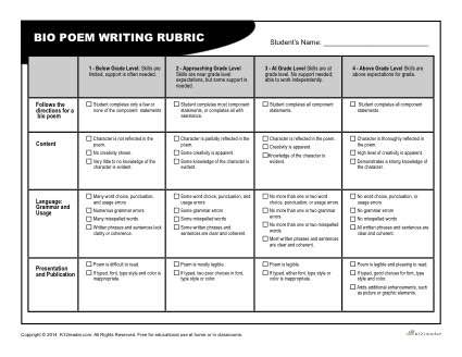 Printable Bio Poem Rubric Rubric For Projects, Reading Rubrics For Grade 1, 1st Grade Writing Rubric, Bio Poem, Bio Poems, Poetry Rubric, Paragraph Writing Rubric, I Am Poem, Writing A Bio