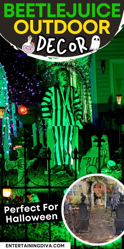 Beetlejuice Outdoor Decor Perfect For Halloween | Halloween Beetlejuice Halloween Decorations, Spooky Halloween Yard, Outdoor Halloween Decorating, Asylum Halloween, Outdoor Decor Ideas, Annual Halloween Party, Beetlejuice Movie, Beetlejuice Halloween, Halloween Inflatables