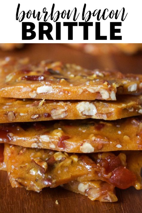 This bourbon bacon brittle is made with candied bacon, toasted pecans and bourbon. It’s the crunchiest, most delicious brittle you will ever have. #bourbon #bacon #brittle #peanutbrittle #dessert Bacon Pecan Brittle, Bourbon Bacon Brittle Recipe, Bourbon Bacon Brittle, Bacon Peanut Brittle, Bourbon Desserts, Bacon Dessert Recipes, Bacon Desserts, Boozy Baking, Bourbon Bacon