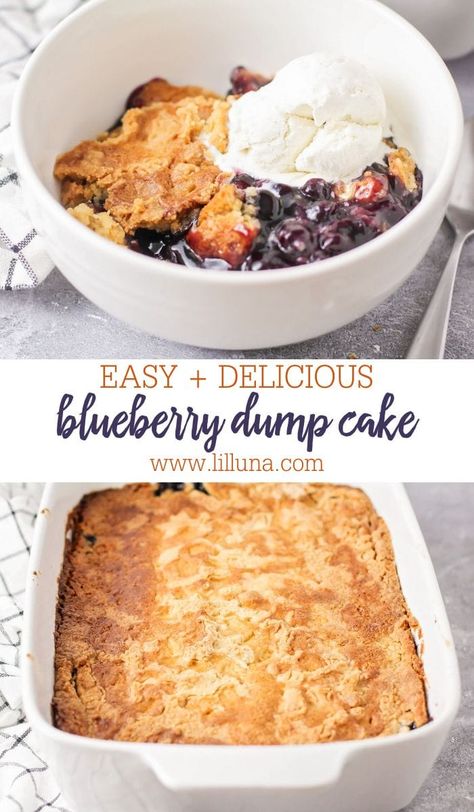 Easy blueberry dump cake has a buttery topping and bright fruit filling. It's perfect with vanilla ice cream. #blueberrydumpcake #blueberrycake #dumpcake #blueberry #dessert Blueberry Dump Cake, Blueberry Dump Cake Recipes, Blueberry Dump Cakes, Canned Blueberries, Peach Pie Filling, Strawberry Pie Filling, Blueberry Pie Filling, Fruit Crisp, Blueberry Desserts