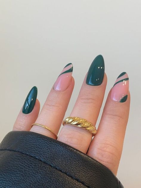 Low Key Nail Designs, Deep Teal Nails Design, Dark Green Nails With Accent Nail, Dark Green Nails Almond Shape, Peacock Green Nails, Dark Turquoise Nails Designs, Dark Teal Nail Ideas, French Girl Nails, Wicked Musical Nails