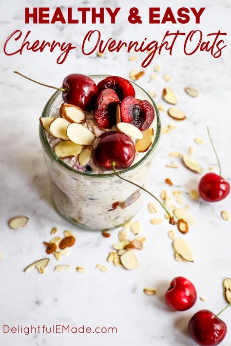 Cherry Overnight Oats | Delightful E Made Overnight Oats With Greek Yogurt, Oats With Greek Yogurt, Cherry Overnight Oats, Almond Overnight Oats, Oats With Yogurt, Healthy Scones, Overnight Oats With Yogurt, Healthy Make Ahead Breakfast, Blueberry Overnight Oats