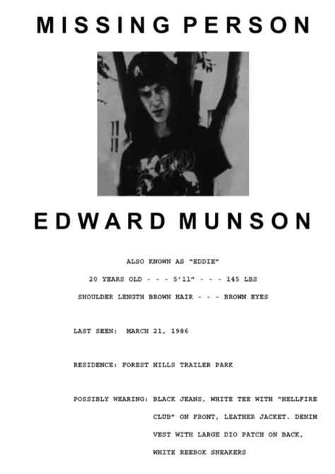 Eddie Munson Missing Poster, Missing Poster, Reebok White Sneakers, White Reebok, Eddie Munson, Forest Hills, Reebok Sneakers, Trailer Park, 20 Years Old