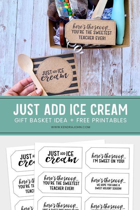 Ice Cream Gift Box Ideas, Ice Cream Sundae Gift Basket Diy, Just Add Ice Cream Printable Tag Free, Ice Cream End Of Year Teacher Gift, Ice Cream Teacher Gift, Just Add Ice Cream Gift Basket, Ice Cream Gift Card Ideas, Ice Cream Gift Basket Ideas, Ice Cream Sundae Gift Basket