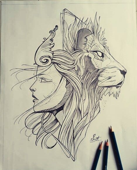 Lioness Goddess Tattoo, Lion And Lioness Drawing, Leo Goddess Tattoo, Persephone Tattoo, Plumeria Tattoo, Drawing The Human Head, Mujeres Tattoo, Surrealism Drawing, Lion Portrait