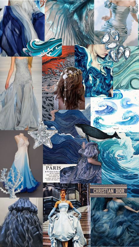 Theme For Garment Collection, Fashion Storyboard Ideas, Water Inspired Fashion Mood Board, Storyboard Fashion Design, Colour Board Fashion, Theme Board Fashion Inspiration, Fashion Themes Inspiration Ideas, Water Themed Dress, Mood Board Fashion Inspiration Ideas