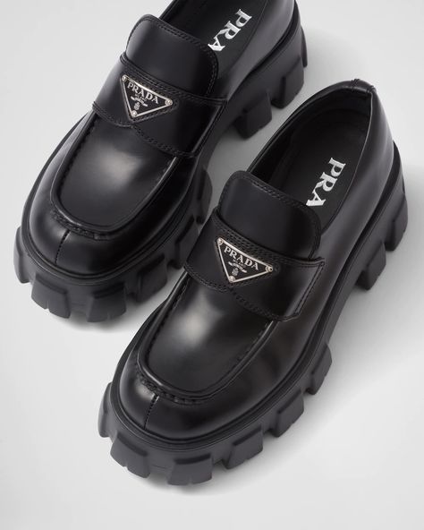 Black Brushed leather Monolith loafers | Prada Prada Monolith Loafers, Prada Monolith, Re Edition Prada, Prada Loafers, Woman Boots, Prada Re Edition, Loafers Women, Prada Collection, Dinner Night