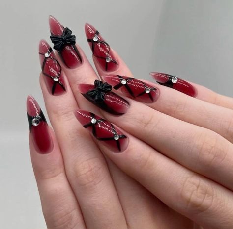 The Crow Nails, Red And Black Nails With Charms, New Year Nails 2024, Red Black Silver Nails, Red Nails With Charms, Halloween Red Nails, Halloween Nails Red, Creepy Nail Art, Red And Black Nail Designs